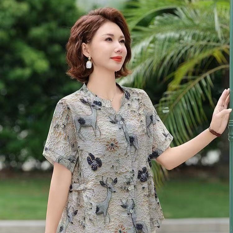 ママの夏のおしゃれトップス、中年半袖シャツ、婦人服、中高年女性の新作夏Tシャツ、洋風スーツ|undefined