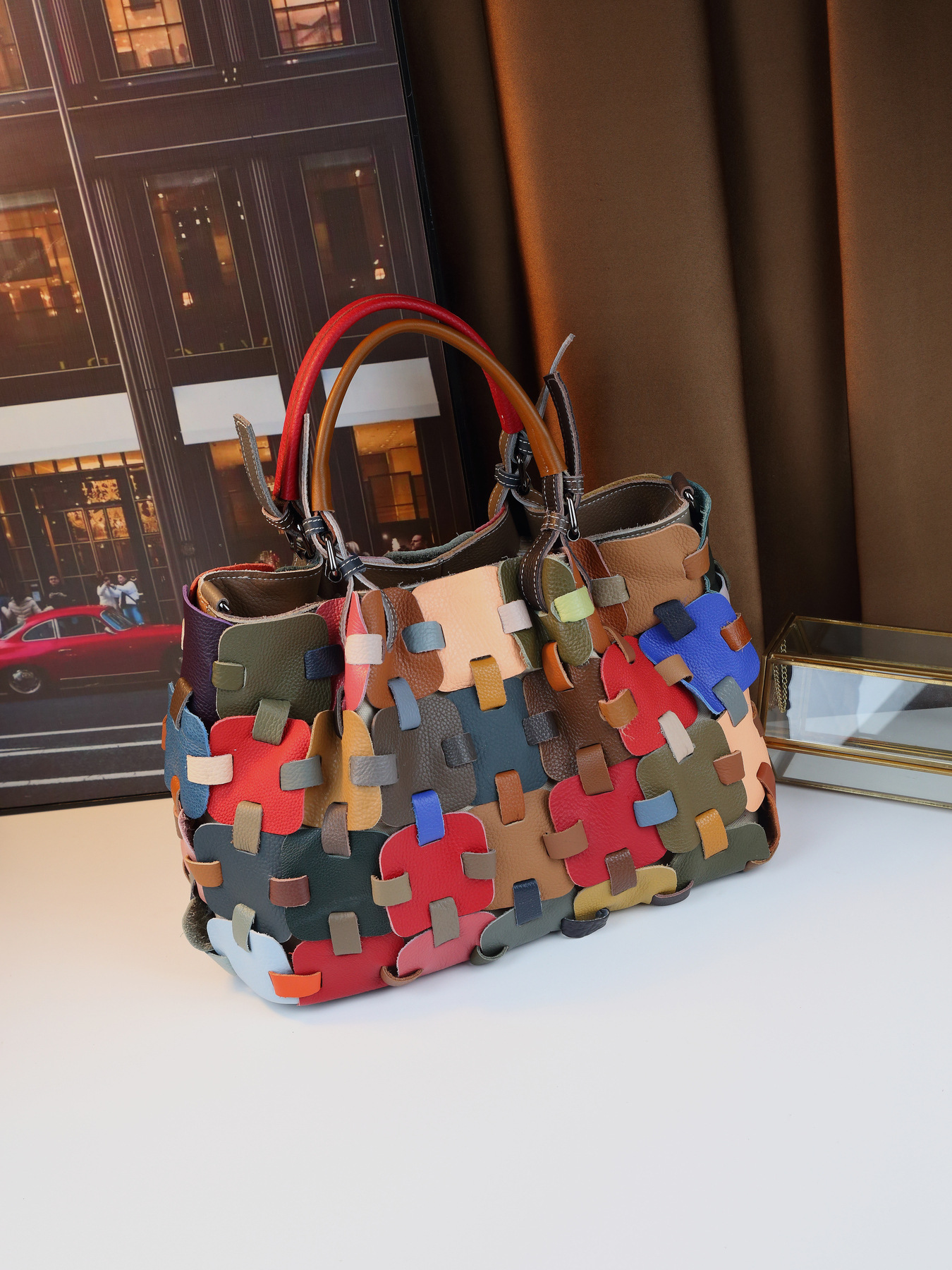 Woven Leather Patchwork Women's Handbag Large Shoulder Crossbody Bag_voghion.com