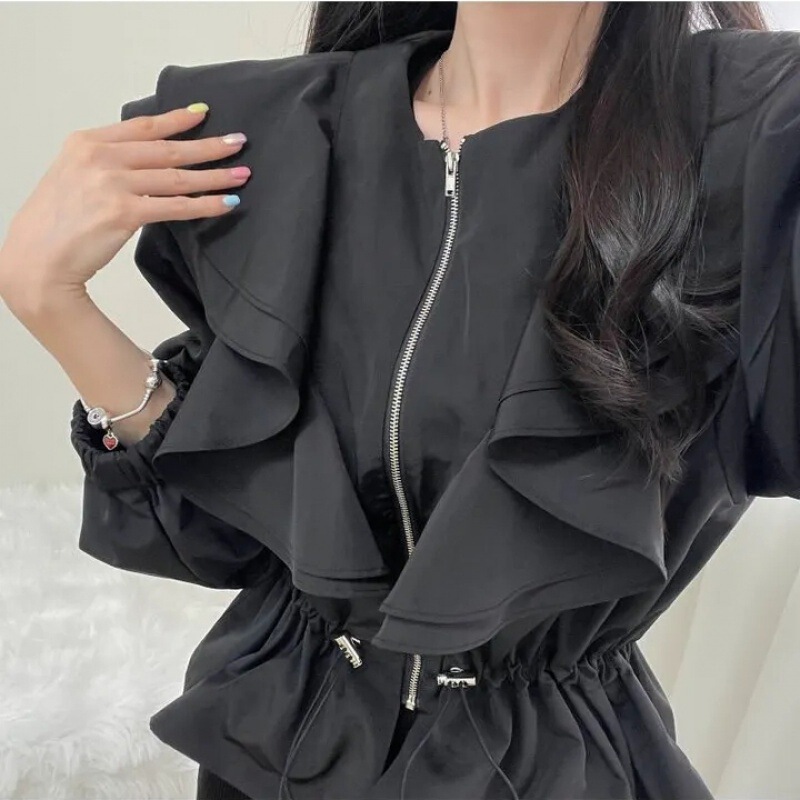 Korean Chic Autumn Fashion Simple Ruffled Drawstring Waist Slimming Short Windbreaker Zipper Jacket for Women