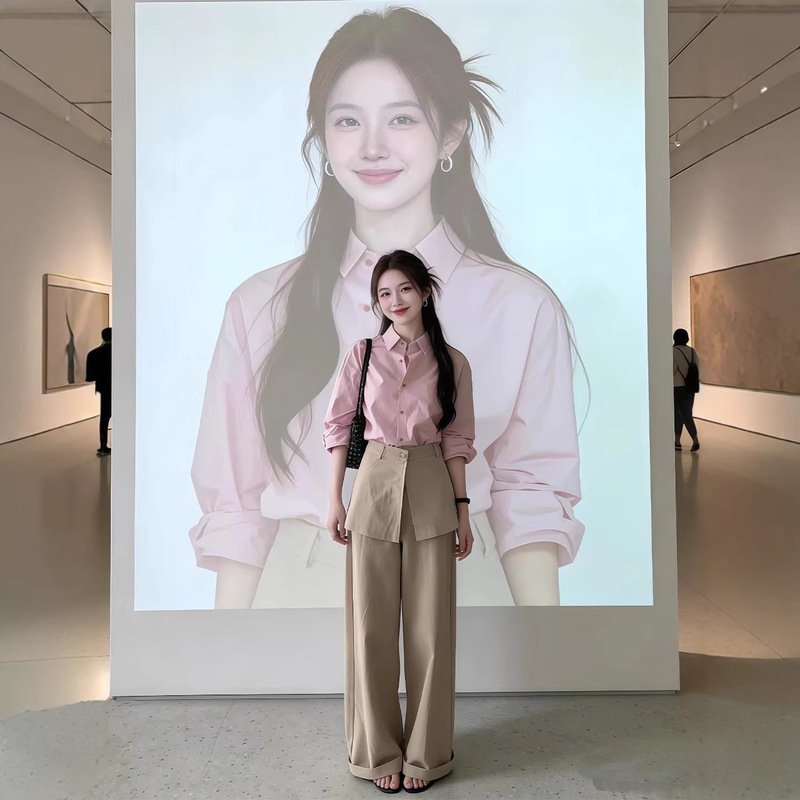 A Complete Set of Ootd Outfits with a Stylish Look, Korean-Style, Very Beautiful Pink Shirt and Wide-Leg Pants Two-Piece Set, 2026 Spring Collection A Complete Set of Ootd Outfits with a Stylish Look, Korean-Style, Very Beautiful Pink Shirt and Wide-Leg Pants Two-Piece Set, 2026 Spring Collection