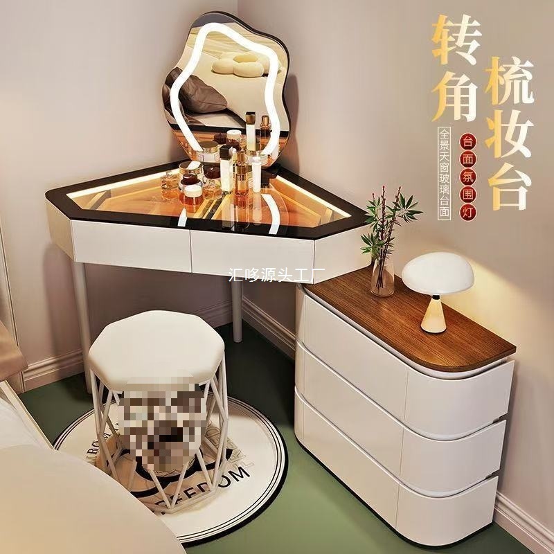 转角梳妆台三角形梳妆台钢化玻璃古风氛围灯全实木台面美式|undefined