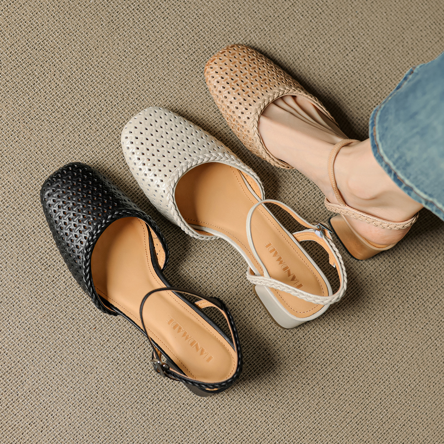 Giày sandal cao gót nữ quai ngang mũi tròn da bò, gót 5 cm — đen