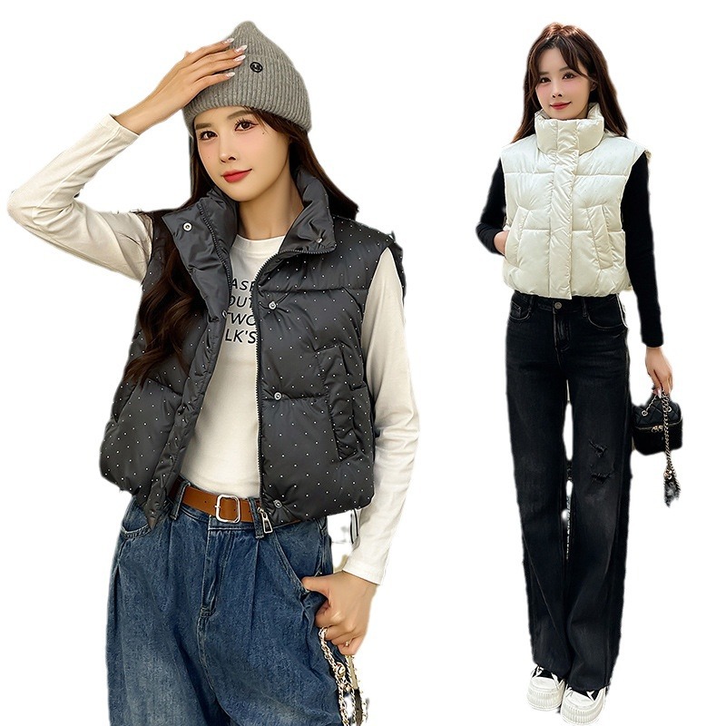 2024 viaje de invierno simple ocio brillante abrazadera de caballo de diamante estilo coreano cintura alta suelta sin mangas chaqueta de cuello corto