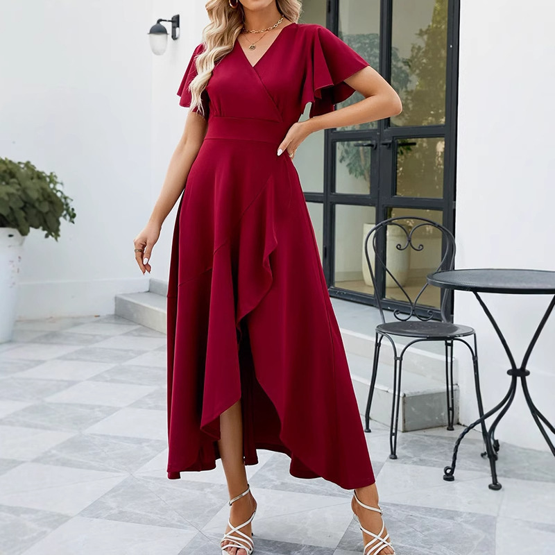 Cross-Border Amazon Women's Lotus Leaf Sleeve V Neck Elegant Long Skirt Elegant Evening Dress Spring and Summer European and American Fashion