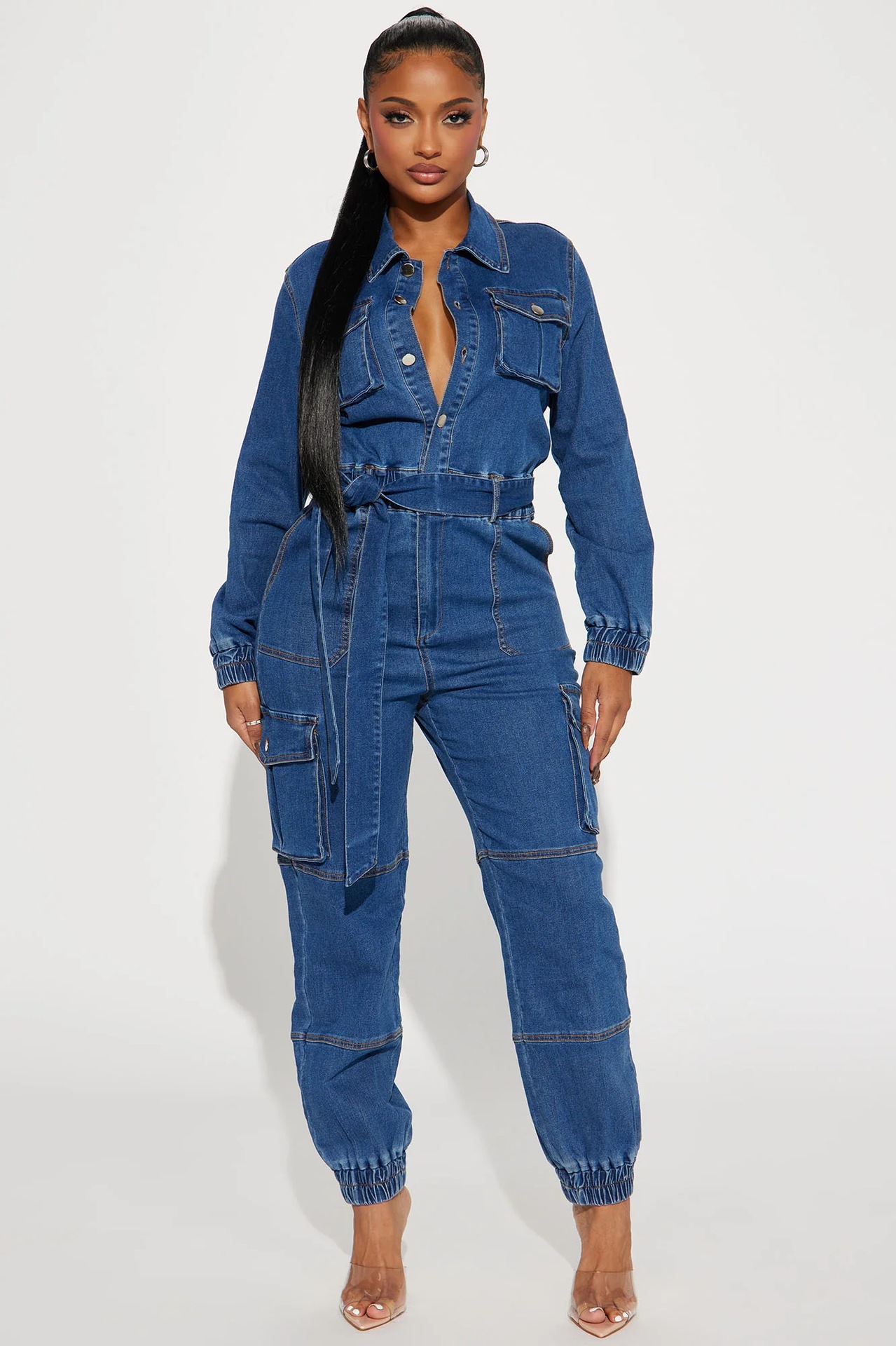Women's Clothing 3571 New Fashion Street Style Waist hugging Body shaping Multi pocket Elastic Waist Denim Overalls Jumpsuit_voghion.com