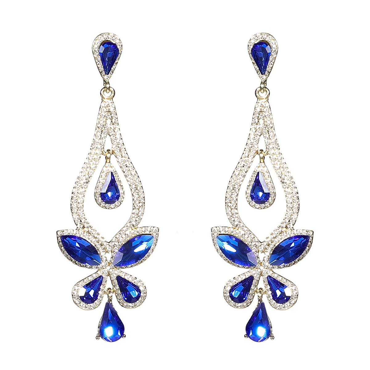European and American cross -border luxury temperament glass rhinestone ears women with exaggerated water drop earrings earrings earrings