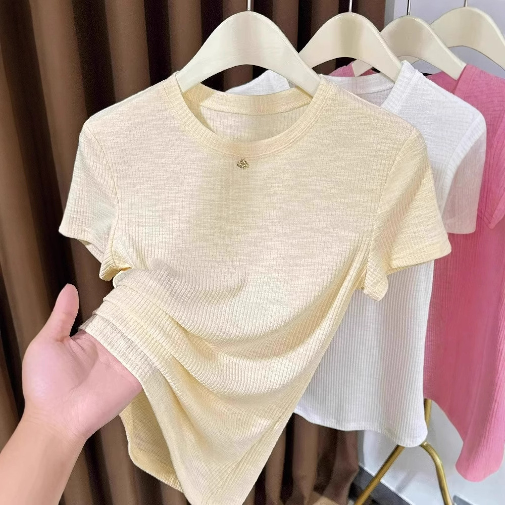 Women's Lightweight Soft Pink Tee Ribbed round Neck Short Sleeve Top Thin Stretchy Basic Shirt for Layering_voghion.com