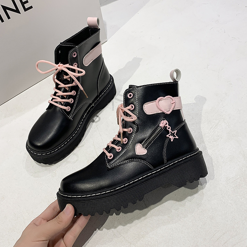 Botas de media pantorrilla para mujer, botas de moda con costuras y cordones delanteros de 4CM de suela gruesa para estudiantes, otoño 2023