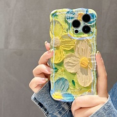 ins蓝光波浪油画花朵手机壳适用iphone16pro个性苹果15防摔保护套