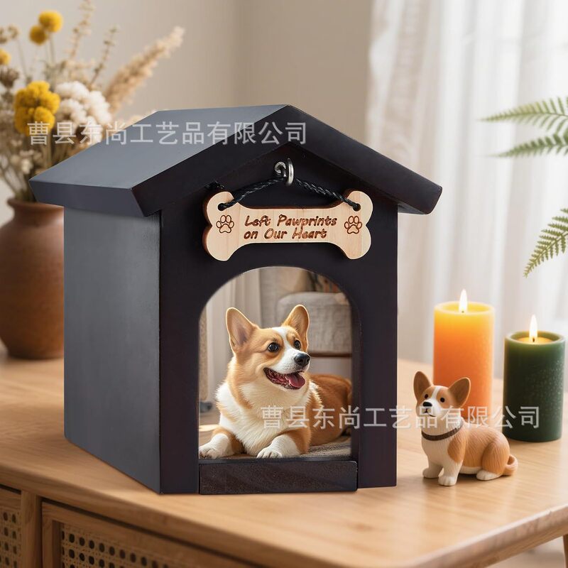 Wooden Pet Urn with Photo Frame Cat Commemorative Supplies Small House Funeral Flip-Top Urn Commemorative Box