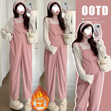 2025秋冬新款加绒加厚灯芯绒韩版孕妇休闲背带直筒裤套装