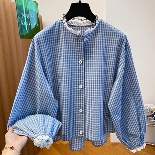 Korean blue plaid shirt for women early spring new loose short style age-reducing fresh lantern sleeve top