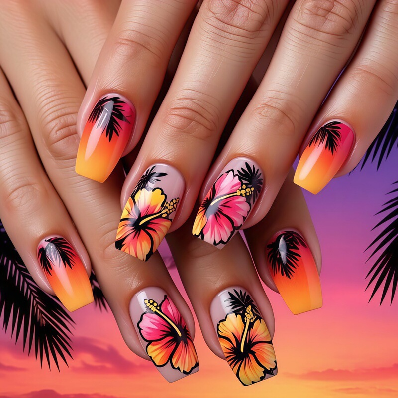 Hawaiian Tropical Style Wearable Nails Sunset Gradient Hibiscus Flower Palm Tree Fake Nails Beach Manicure Tc-50