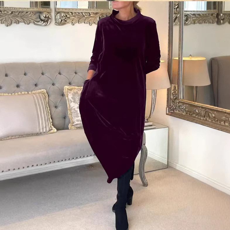 Cross-Border 2026 Amazon Spring New European and American Style Slim-Fit Elegant Round-Neck Long Fashion Comfortable Velvet Dress Cross-Border 2026 Amazon Spring New European and American Style Slim-Fit Elegant Round-Neck Long Fashion Comfortable Velvet Dress