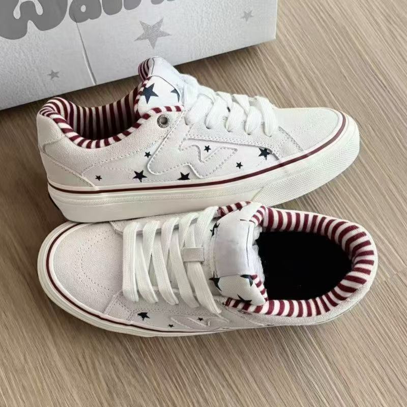 White star canvas shoes for women, low-top versatile student sneakers with red and white stripes, breathable casual shoes White star canvas shoes for women, low-top versatile student sneakers with red and white stripes, breathable casual shoes
