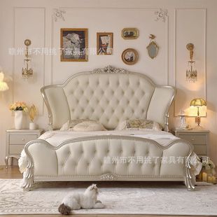 European-Style Master Bedroom High-End and Elegant 2025 New Bed 1.8m Double Bed American-Style Genuine Leather Solid Wood Upholstered French Bed