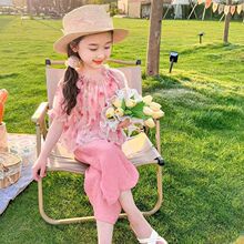 跨境夏季新款韩版女童套装网红时尚可爱印花碎花木耳边两件套装潮