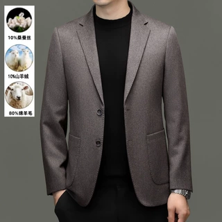 新款斜纹80%羊毛+10%羊绒+10%桑蚕丝男士休闲商务高端羊毛西服外