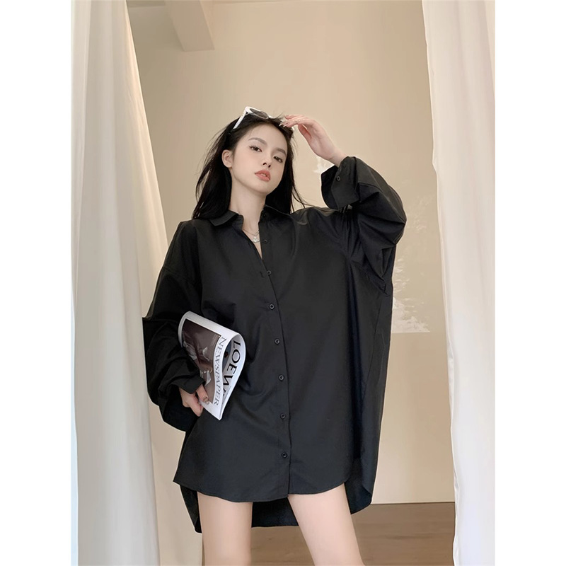 Plus-Size Oversized Black Shirt for Women, Spring and Autumn Season, Loose Fit, Silky and Versatile Blouse Top, Ins Style