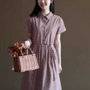 2024 Summer Mori Style Vintage Artistic Pure Cotton Plaid Shirt Dress Lace-up Waist Japanese Style Mid-length dress Women