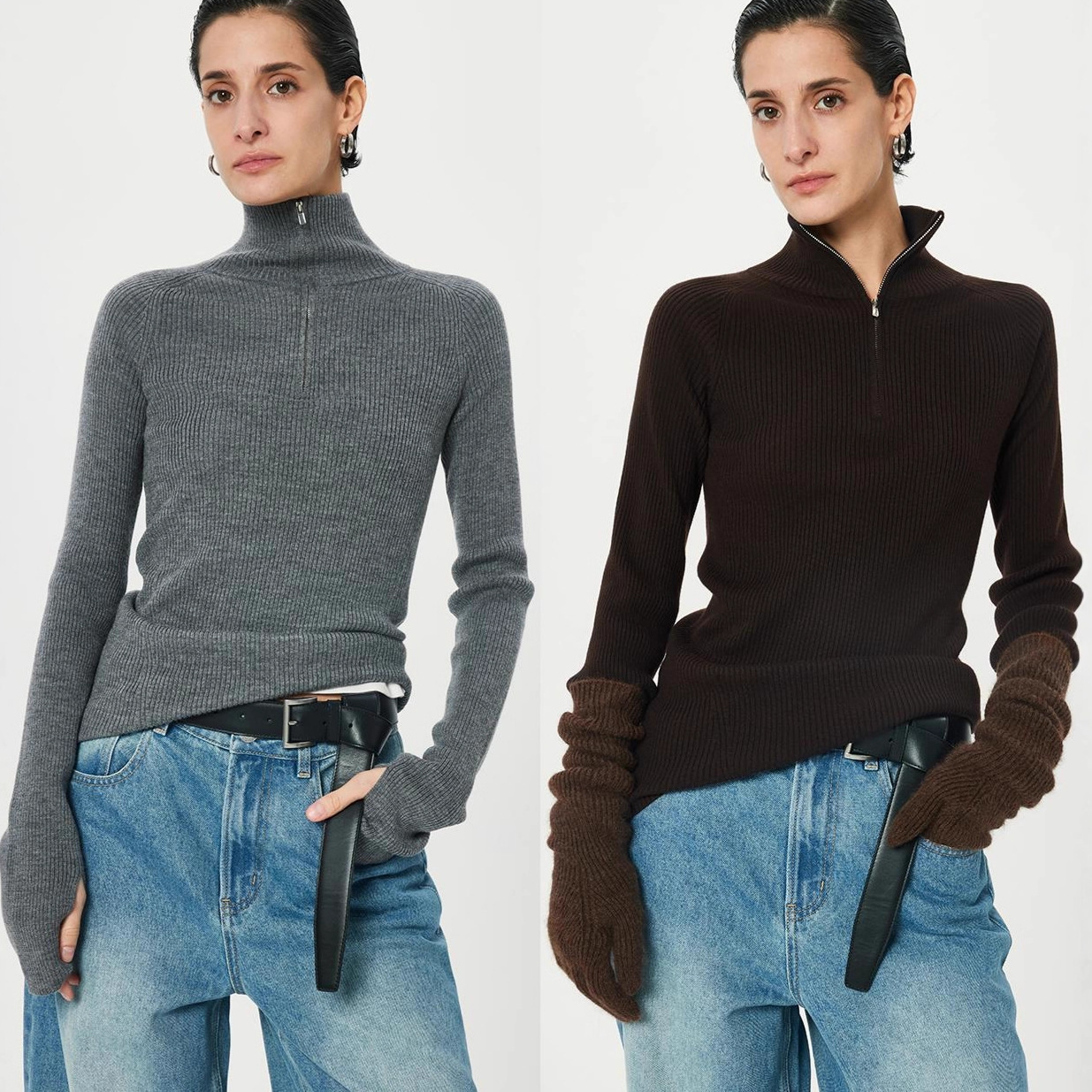 Biella Germany Washable Wool Thumb Sleeve Slim Fit Stretch Slimming Zip Collar Knitted Base Shirt