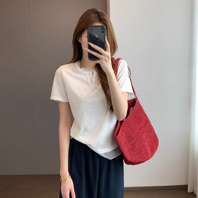 Mesh patchwork fitted design, slimming and figure-flattering, scoop neck, short sleeves, drop shoulder T-shirt for women, summer W0428P