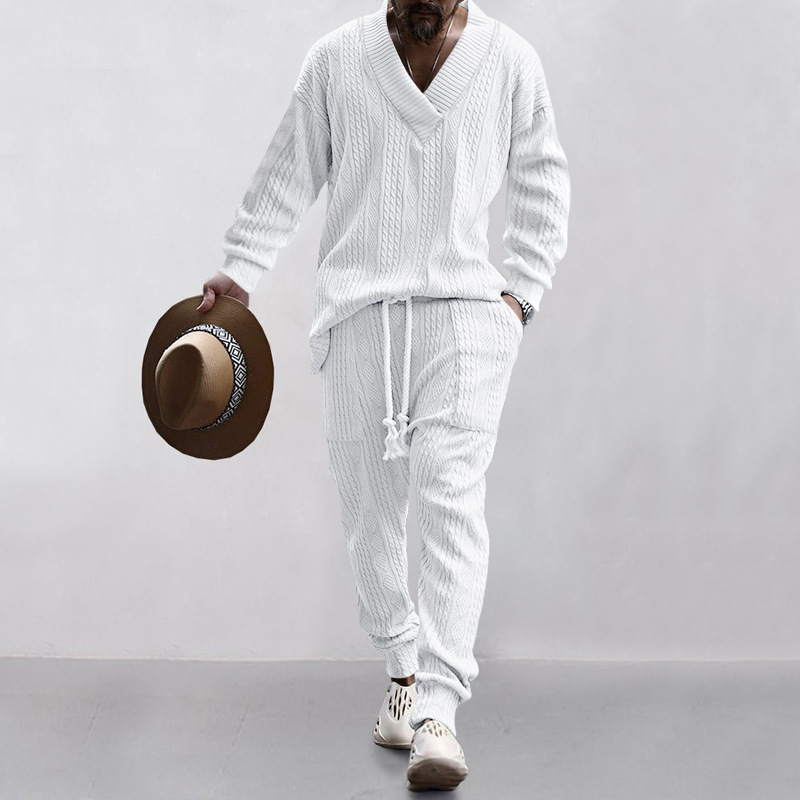 2026 estación independiente transfronteriza Europa y América ropa de hombre primavera y otoño conjunto de pantalones casuales de cuello en V jersey jacquard universal