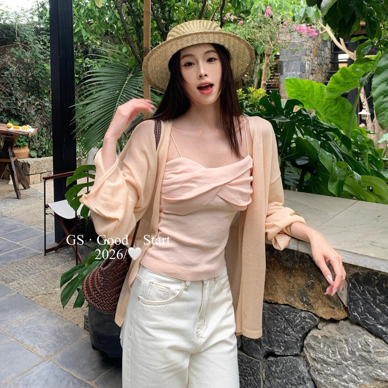 Gs.Good Start Summer Gentle Style Cream-Colored Knitted Cardigan + Camisole Set D1180