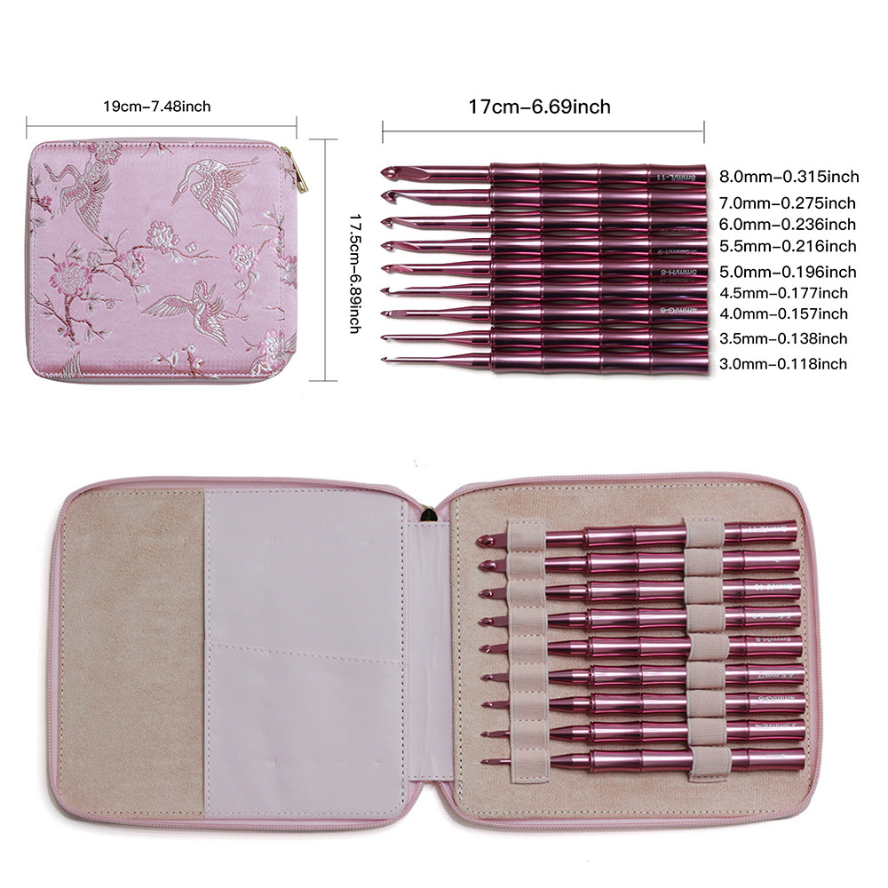 Aguja de tejido transfronteriza de aluminio óxido rosa en forma de ganchillo de bambú pulido a mano mango de ganchillo de bambú 9 piezas