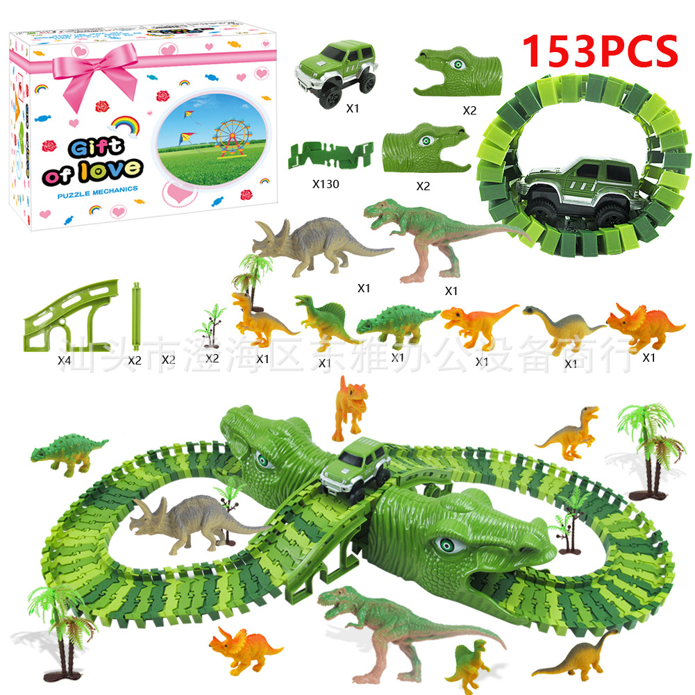 Coche eléctrico transfronterizo de la pista del dinosaurio DIY cambiable montado pista sobre Dinosaur Mountain 153 piezas caja de regalo de juguete para niños