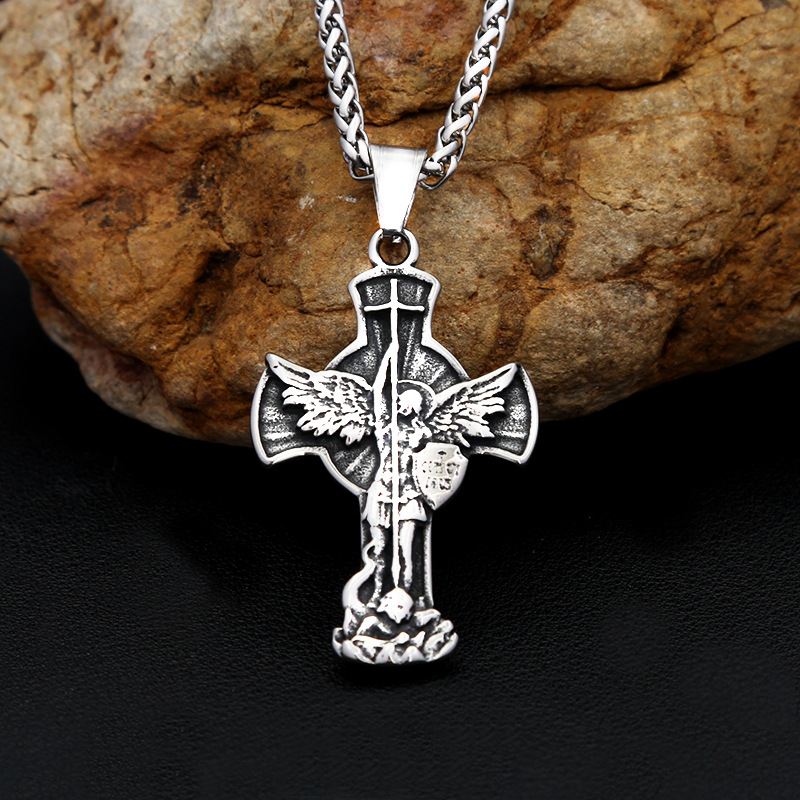 Amazon Explosive Jewelry Saint Michael Archangel Stainless Steel Necklace Men's Personality Cross Titanium Steel Pendant