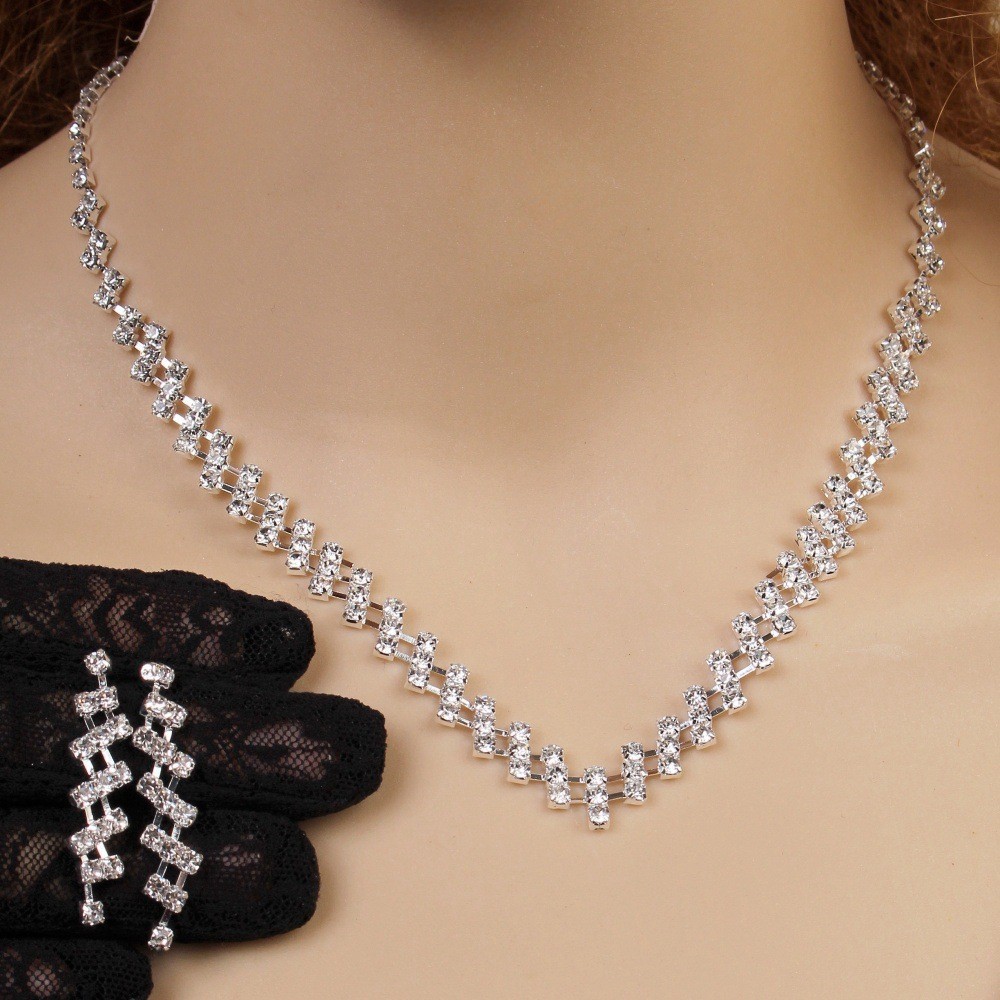 Silver Plated Rhinestone Necklace & Earrings Set for Women