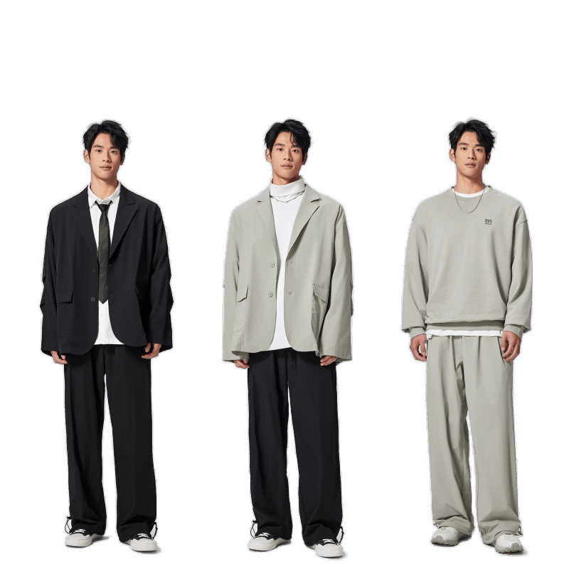 松弛感西装防泼水休闲西服男宽松褶皱外套/西裤套装|undefined