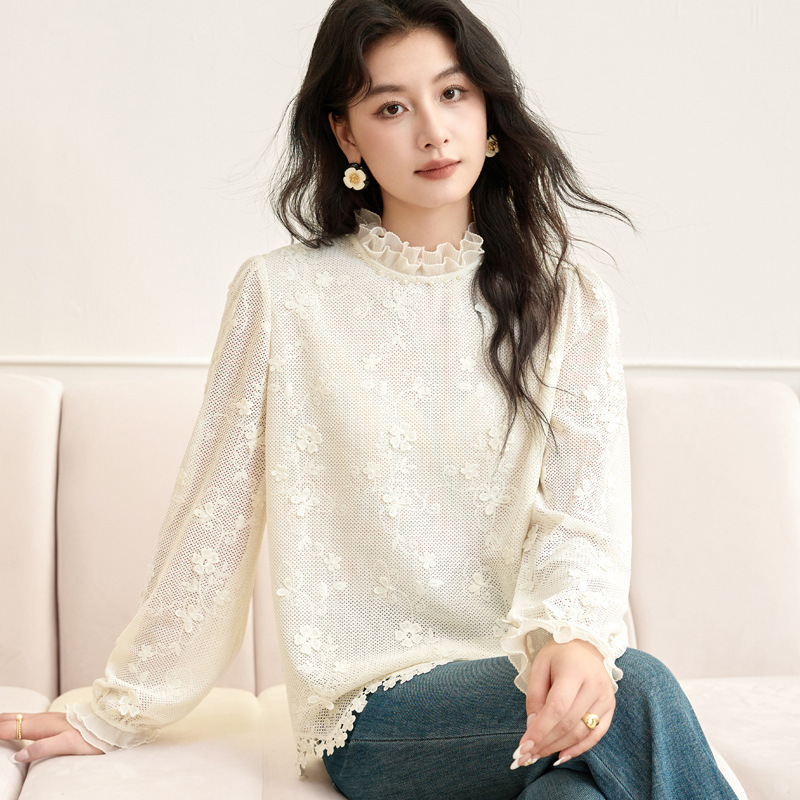 2025秋季新款立领木耳边长袖蕾丝衫女上衣宽松洋气小衫9537|undefined