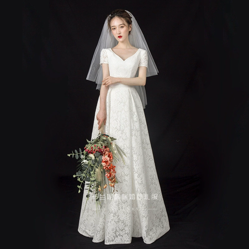 Свадебное платье 2023 Новый стиль Маленькая Невеста Простая на одно плечо Ретро кружевная светлая пряжа