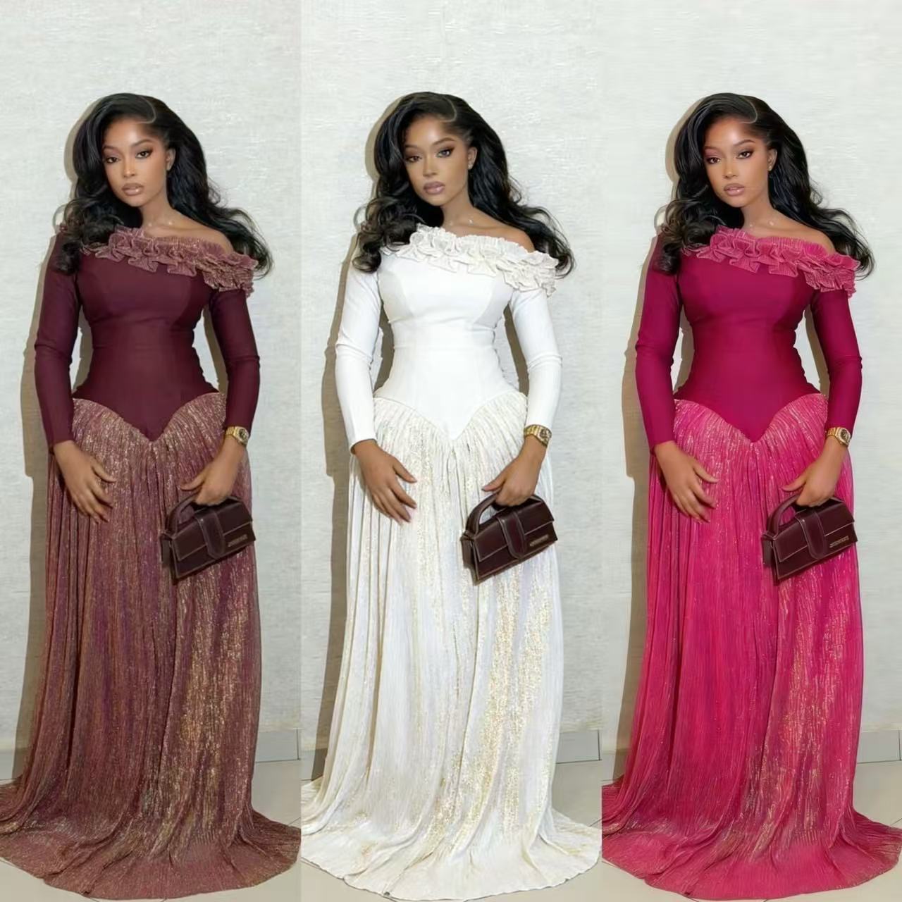 New Spring Retro Luxury Banquet Dress Slimming Long Sleeve Pleated Skirt Women's Fashion Dress_ecoleips.com