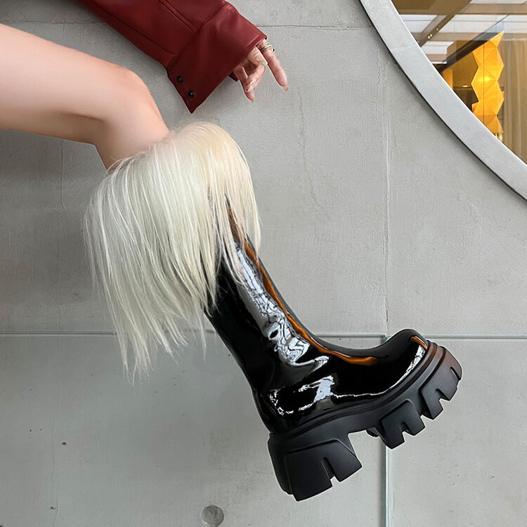 British style gold silk wool Knight boots Women's cowhide small knee-length boots fashionable thick-soled chunky high boots