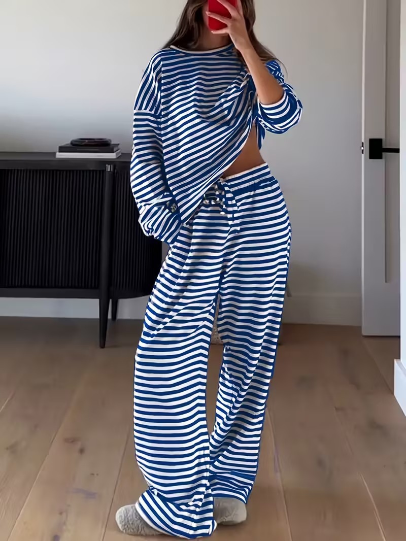 Spring Striped Casual Two-Piece Set: Long-Sleeved Top and High-Waisted Pants