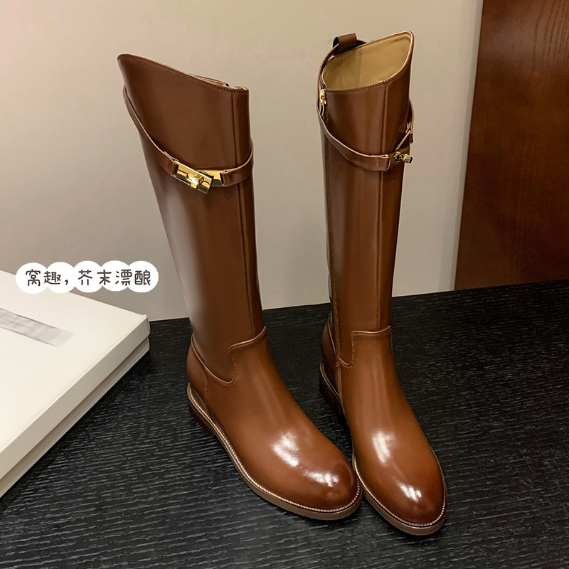 Full Cowhide Color Knights Boots 2024 Autumn and Winter New Inner Height Increasing Boots Women's Flat Bottom Side Zipper High Boots Lock Full Cowhide Color Knights Boots 2024 Autumn and Winter New Inner Height Increasing Boots Women's Flat Bottom Side Zipper High Boots Lock