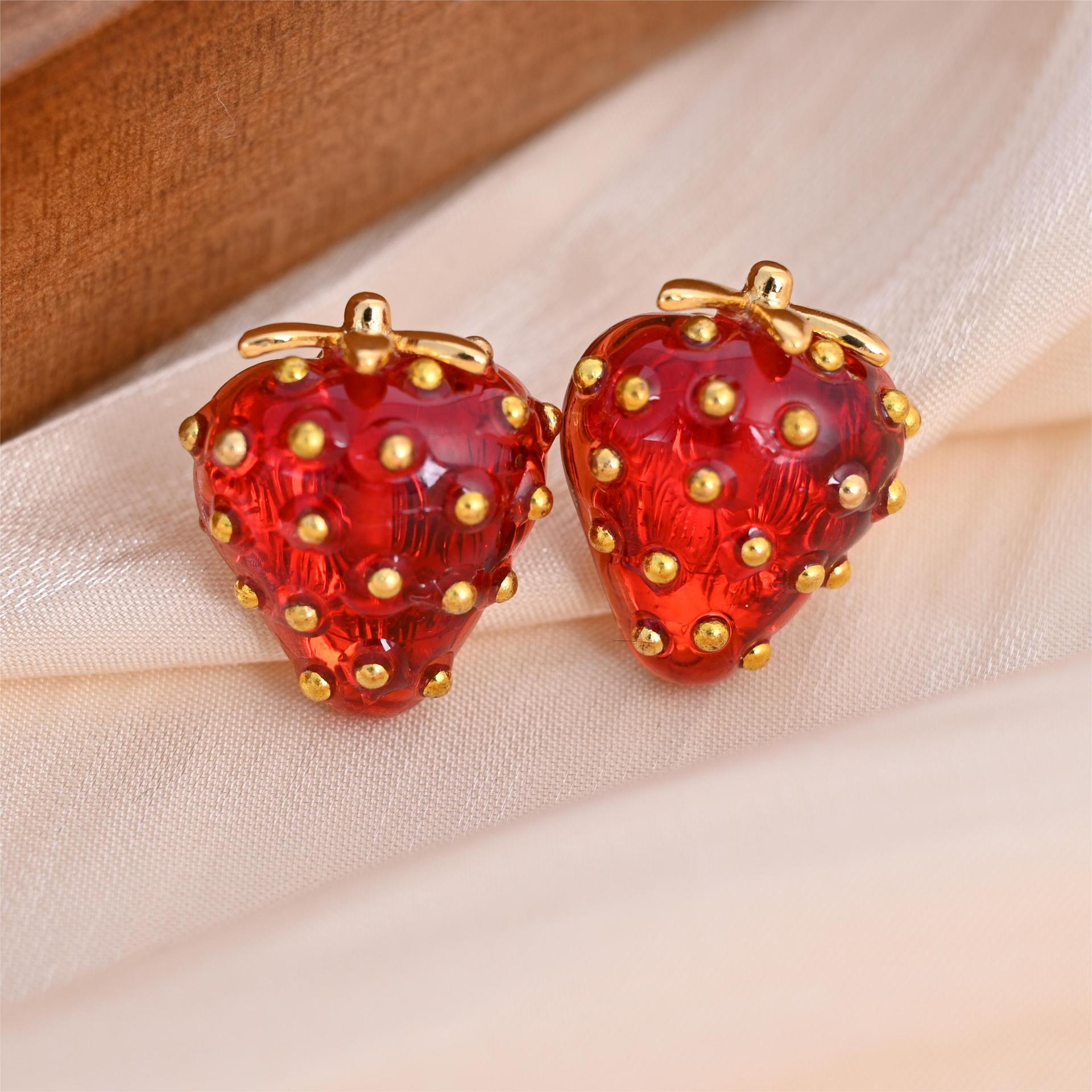 Plating Design 1 Pair Cute Sweet Fruit Strawberry Plating Resin Copper Zircon Drop Earrings