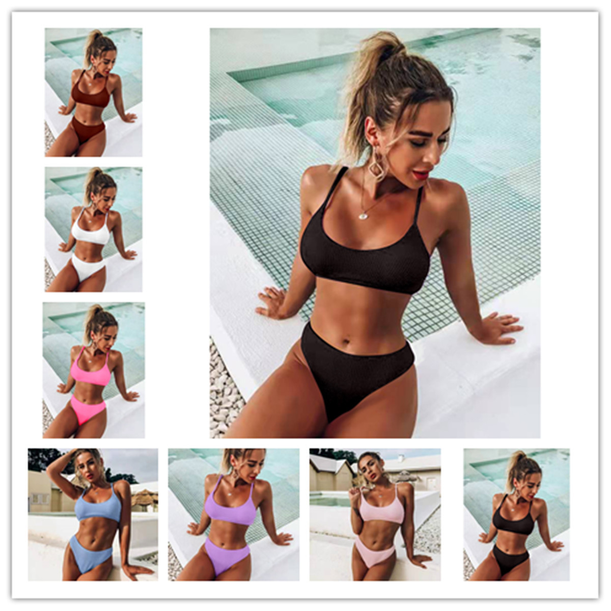 2022 new European and American swimwear solid color split swimsuit women's wave pattern multicolor bikini backless bikini