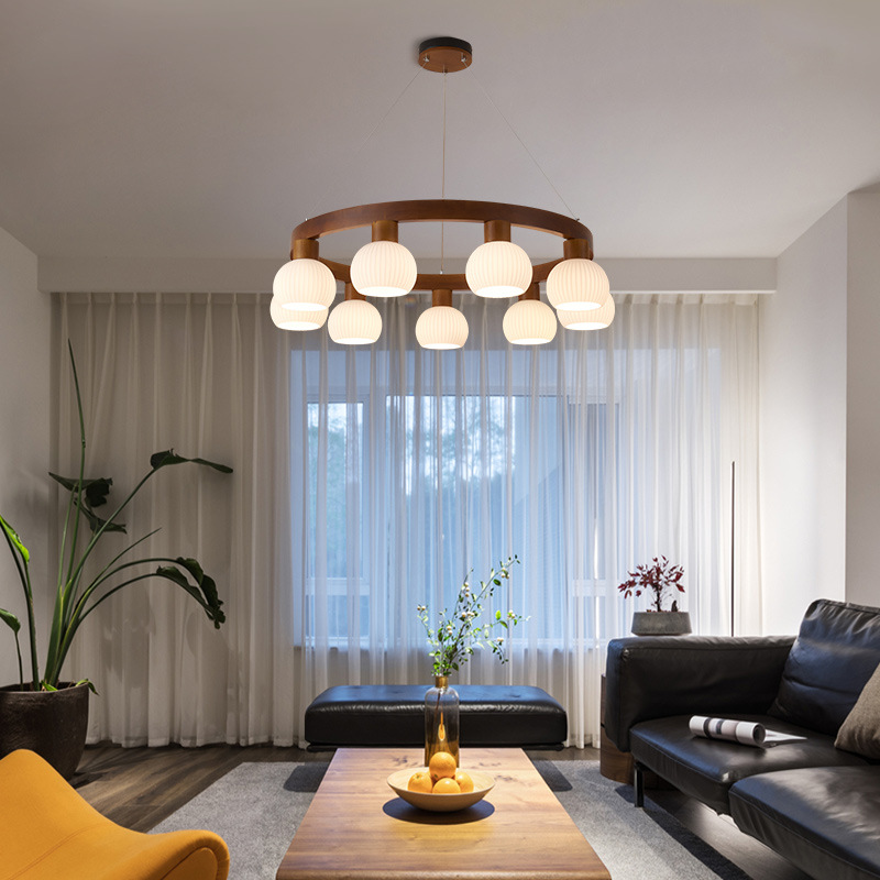 新中式吊燈客廳主燈簡約現代復古胡桃色實木圓環大廳燈日式餐廳燈