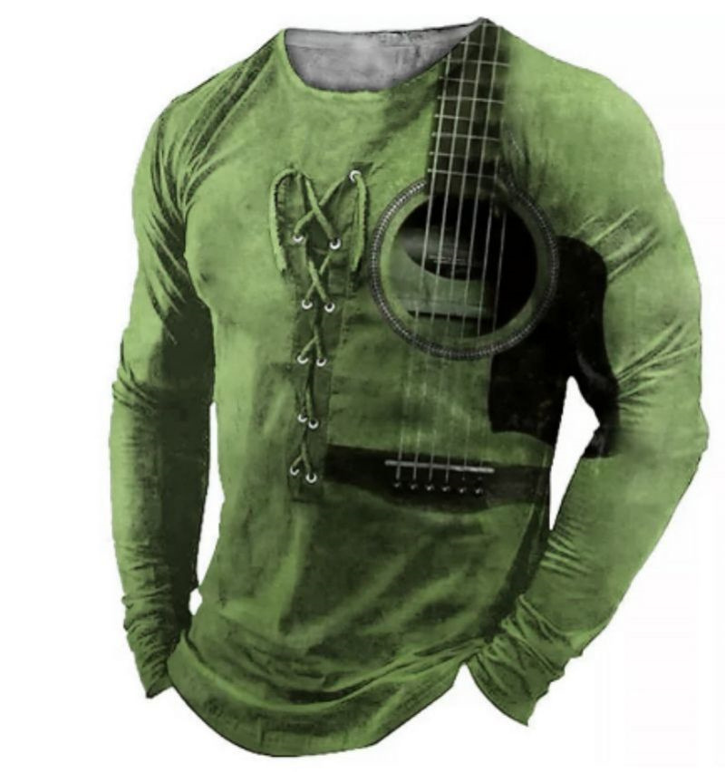 2022 retro hombres 3D digital placket abierto de siete botones Camiseta de manga larga de los hombres de guitarra patrón transfronterizo estación independiente