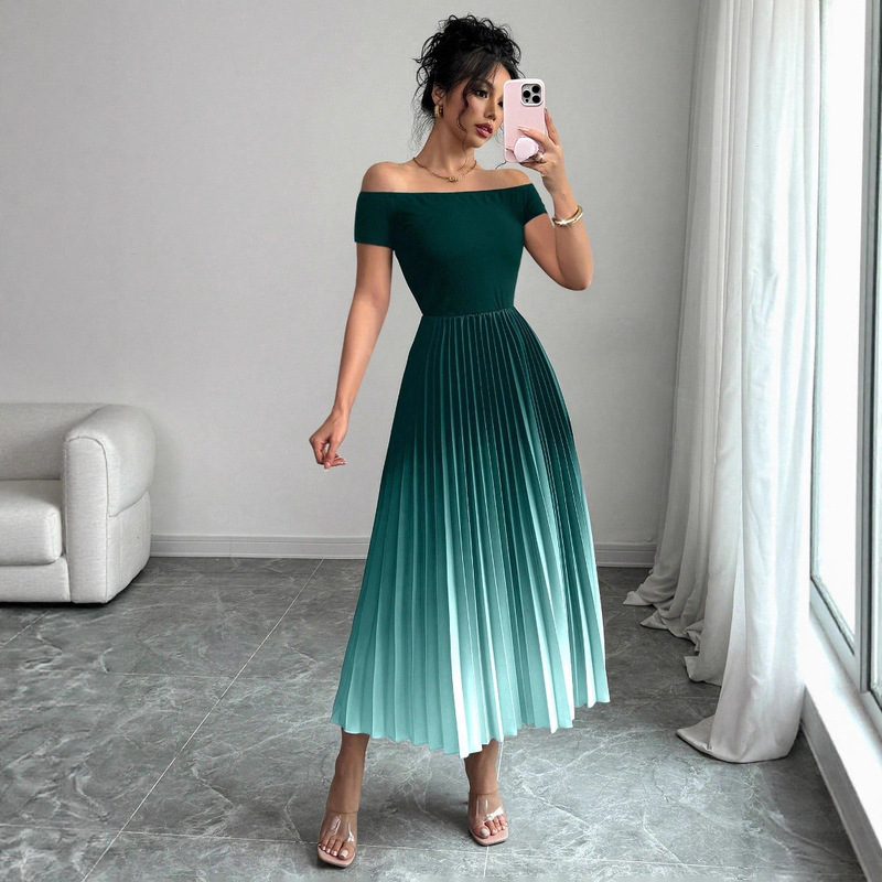 Cross-Border European and American Fashion Women's Elegant Off-The-Shoulder Pleated Gradient Color Slim-Fit Dress