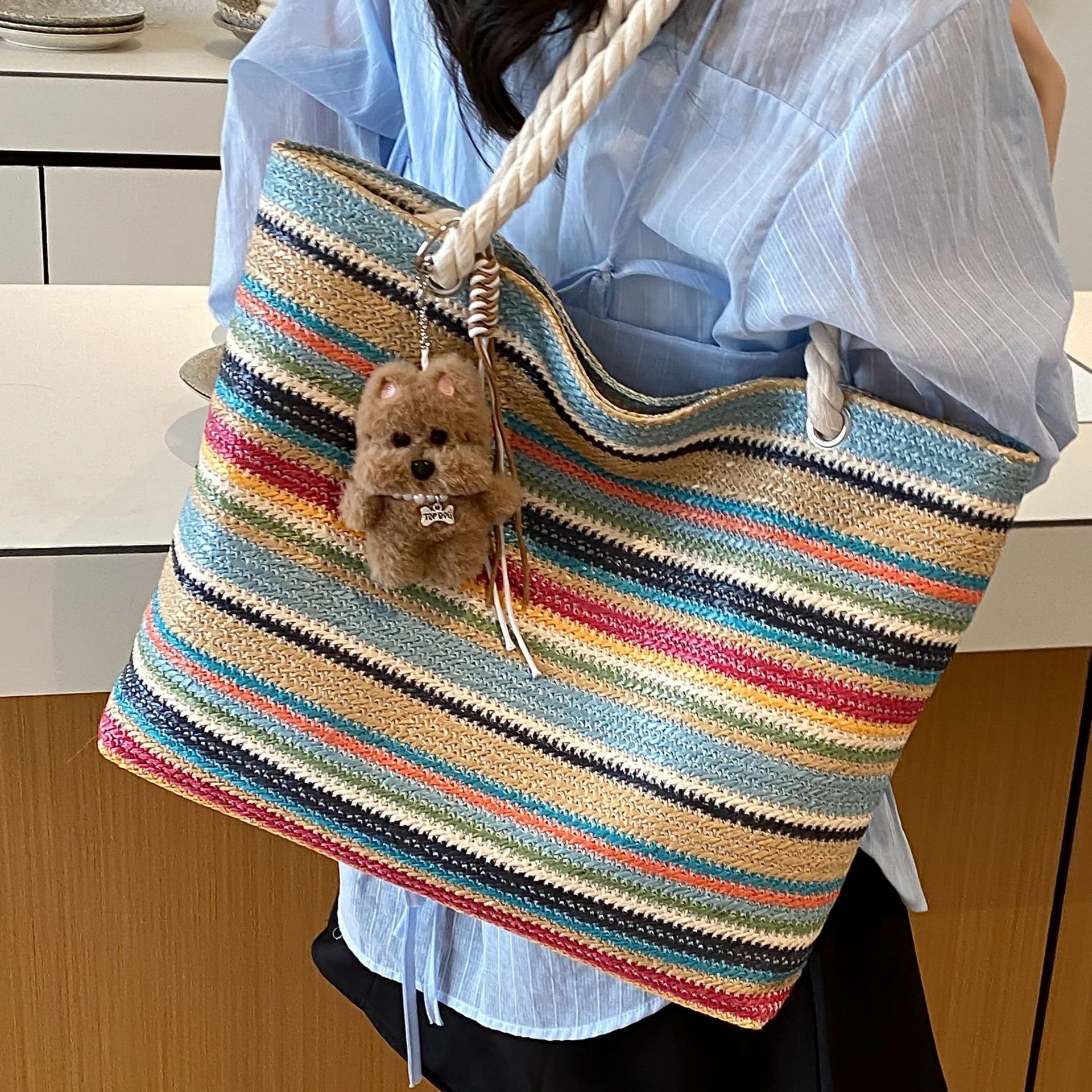 Handmade Rattan Woven Shoulder Bag With Leather Trim And Handle_voghion.com