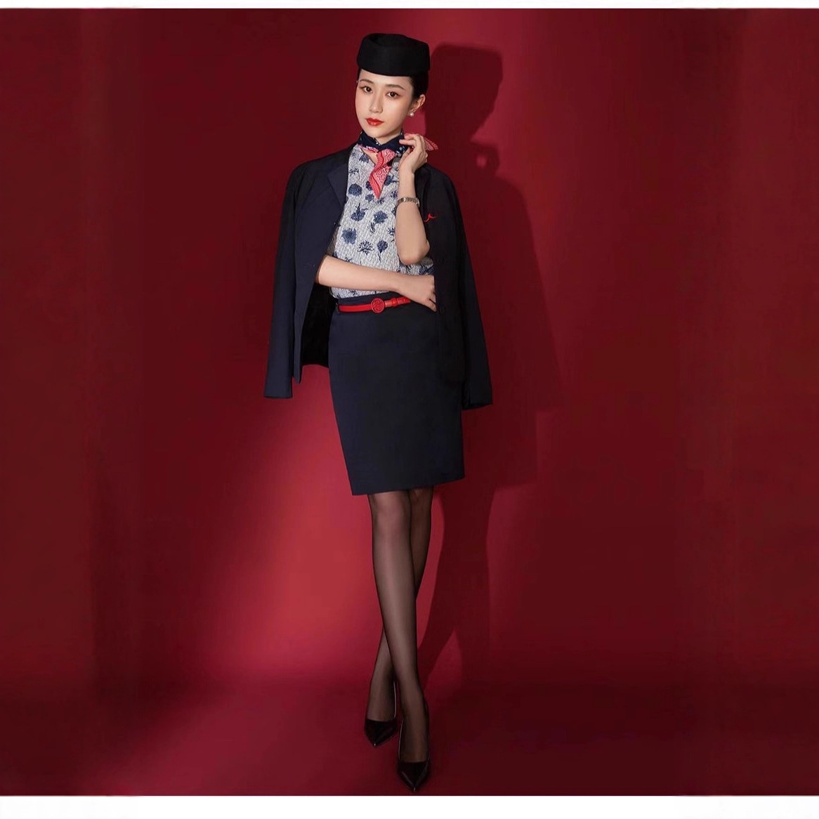 Air China Stewardess Uniform, Flight Attendant Interview Professional Attire, Stewardess Uniform, Blue and White Porcelain Aviation High-Speed Rail College Uniform Suit