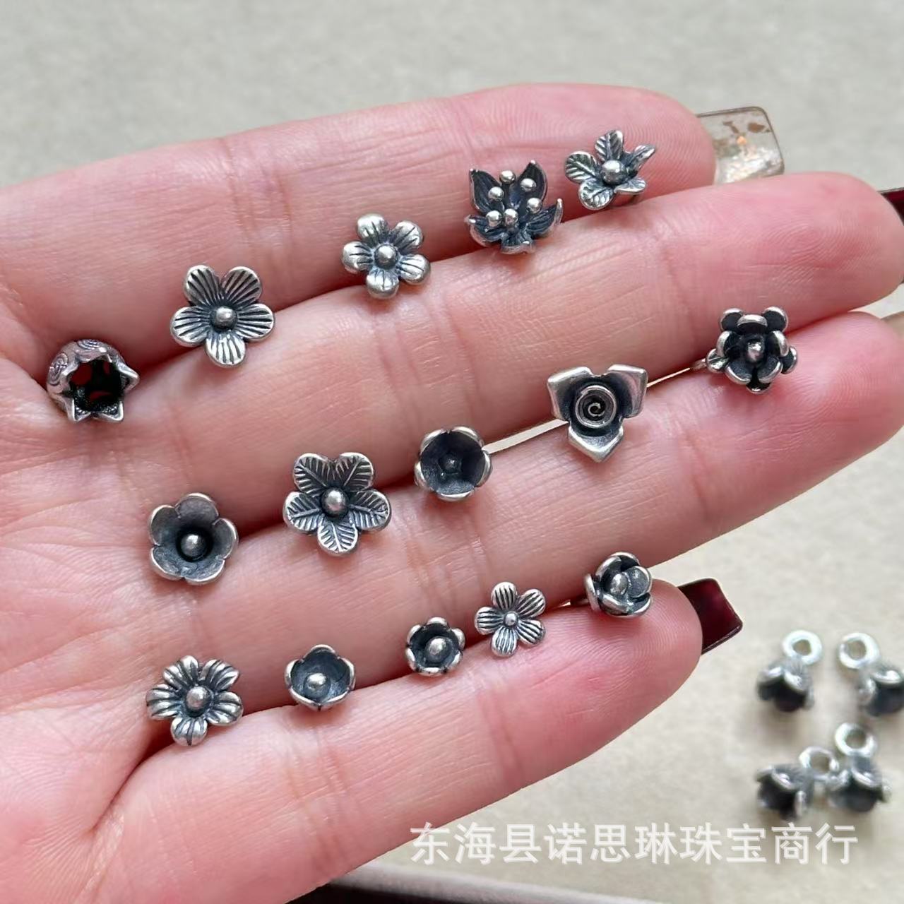 山西老银复古三七银花朵玫瑰花苞提溜吊坠流苏帽DIY文玩饰品配件