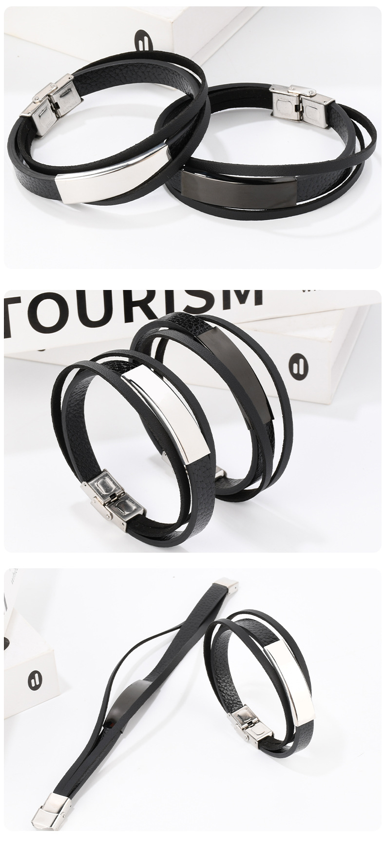 Retro Punk Geométrico Acero Inoxidable 316 Cuero Sintético Enchapado Hombres Pulsera Pulseras De Cuero Y Cordón Para Hombre display picture 1