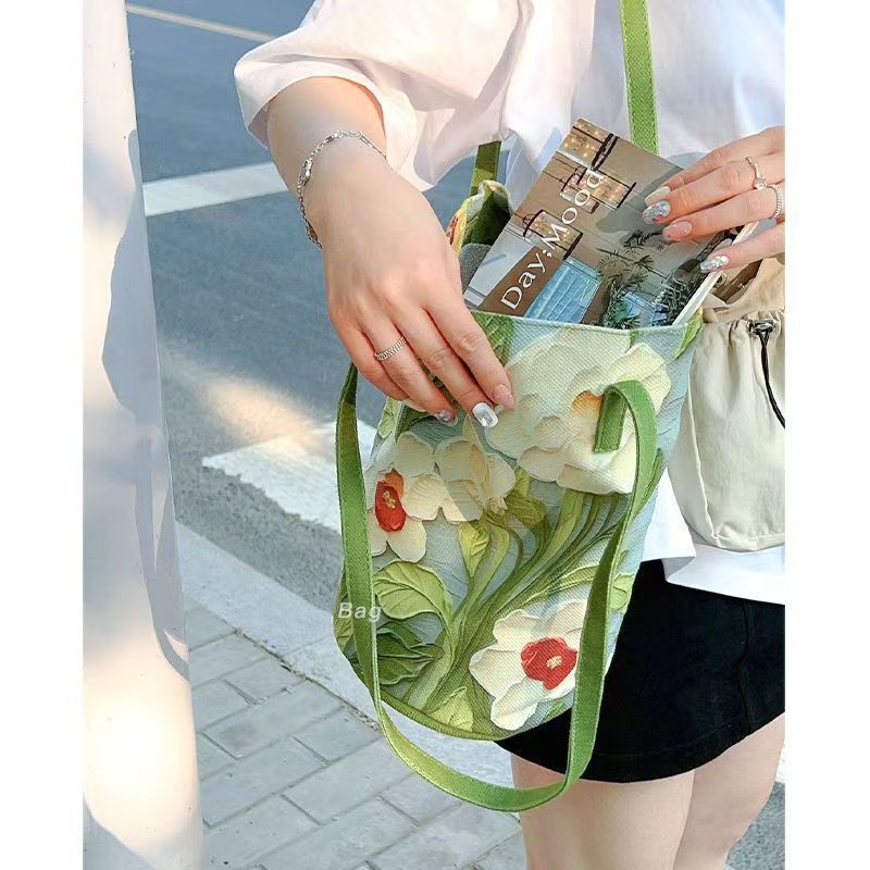 オックスフォード布立体バケットバッグ夏の旅行ハンドバッグ工場油絵花多用途大容量ハイエンドショルダー|undefined