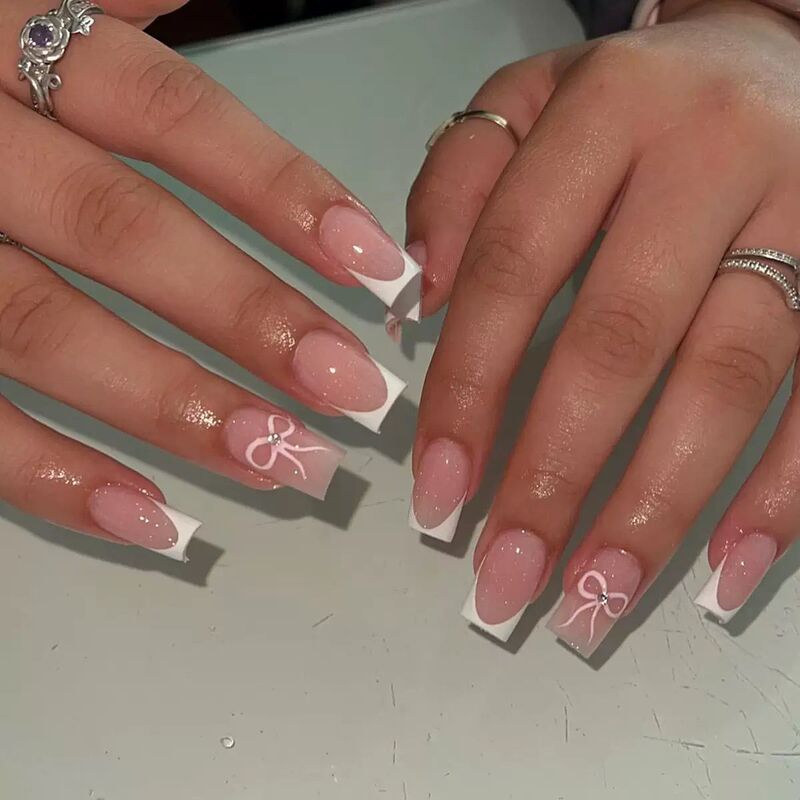 Classic French White Wearable Nails Valentine's Day Bow Manicure Fake Nails Medium Short Square Wearable Nails Classic French White Wearable Nails Valentine's Day Bow Manicure Fake Nails Medium Short Square Wearable Nails
